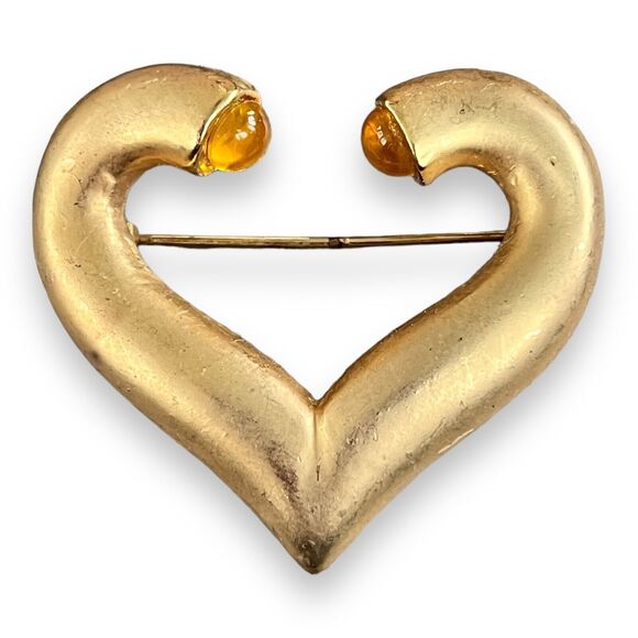 Vintage Jewelry - Vintage Pin Brooch Pin Matte Gold Open Heart Gripoix Style Cabochon 4W